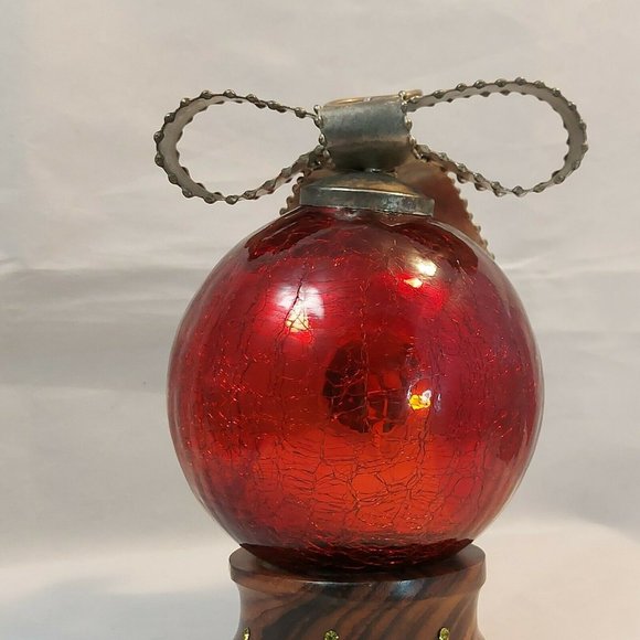 Mercury Glass Kugel Red Crackle Lg 4” Diameter Christmas Ornament Metal Bow Cap - Picture 3 of 7